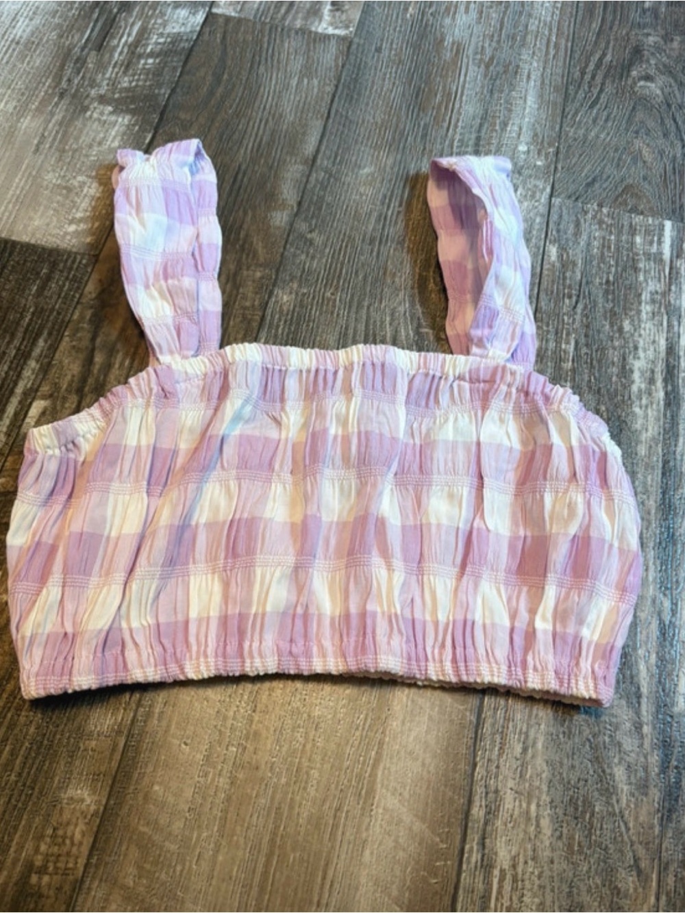 Kendall & Kylie Pink and White Plaid Smocked Crop Top
